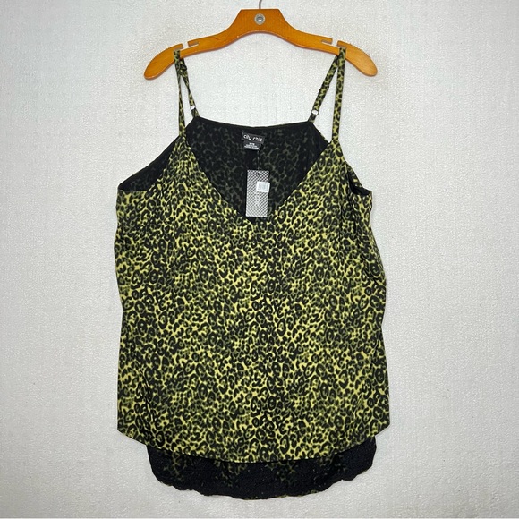 City Chic Tops - City Chic Green Animal Print Womens Lace Trim Cami Strap Blouse Size M 18